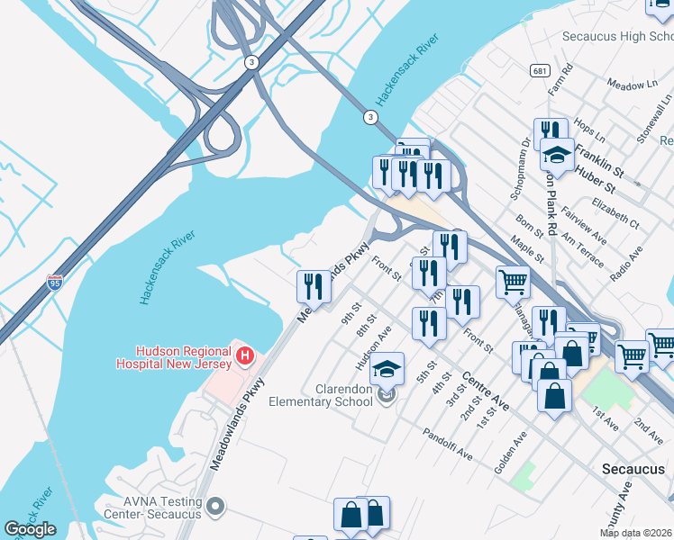 map of restaurants, bars, coffee shops, grocery stores, and more near 34 Meadowlands Parkway in Secaucus