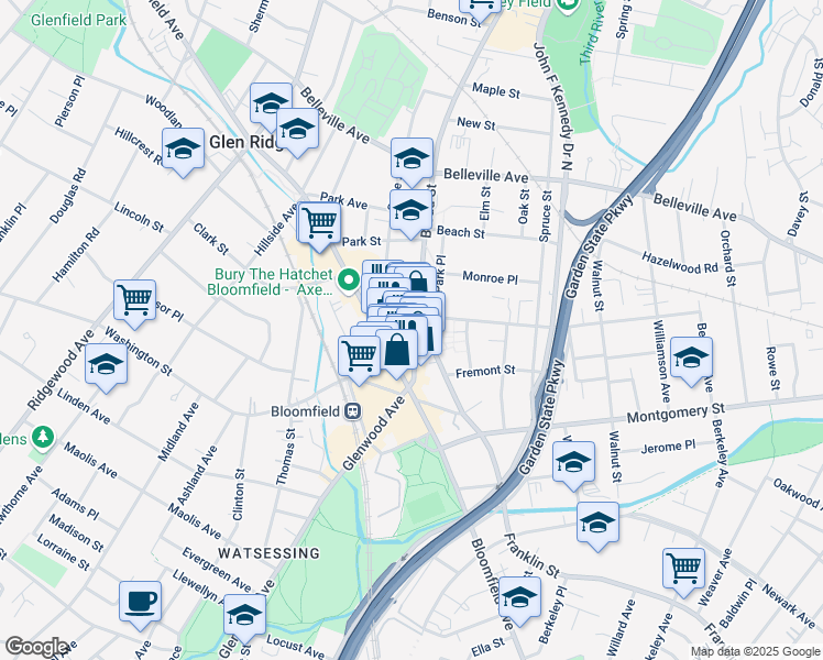 map of restaurants, bars, coffee shops, grocery stores, and more near 58 Broad Street in Bloomfield