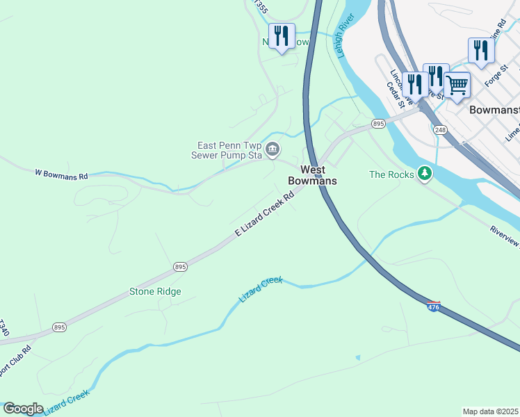 map of restaurants, bars, coffee shops, grocery stores, and more near 2033 East Lizard Creek Road in Lehighton