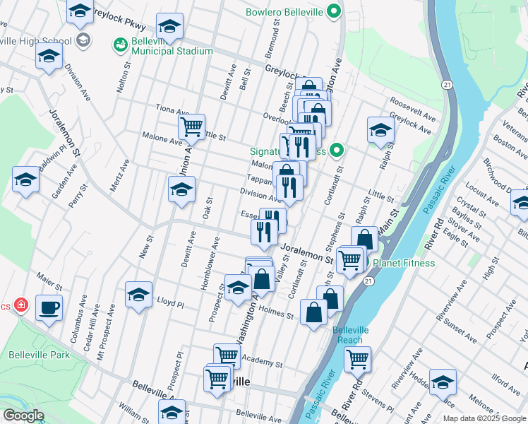map of restaurants, bars, coffee shops, grocery stores, and more near 31 Division Avenue in Belleville