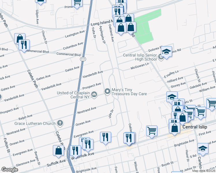 map of restaurants, bars, coffee shops, grocery stores, and more near 19 Birchgrove Drive in Central Islip