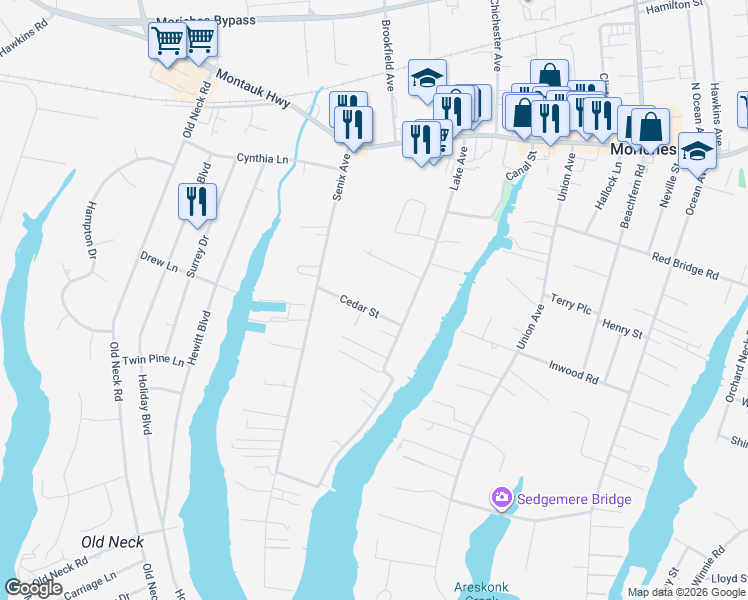 map of restaurants, bars, coffee shops, grocery stores, and more near 11 Cedar Street in Center Moriches