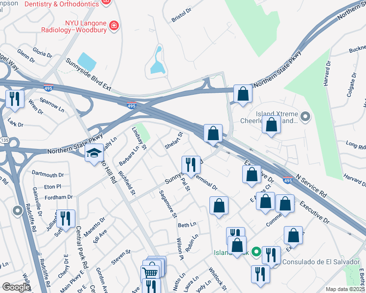 map of restaurants, bars, coffee shops, grocery stores, and more near 48 Summit Street in Plainview