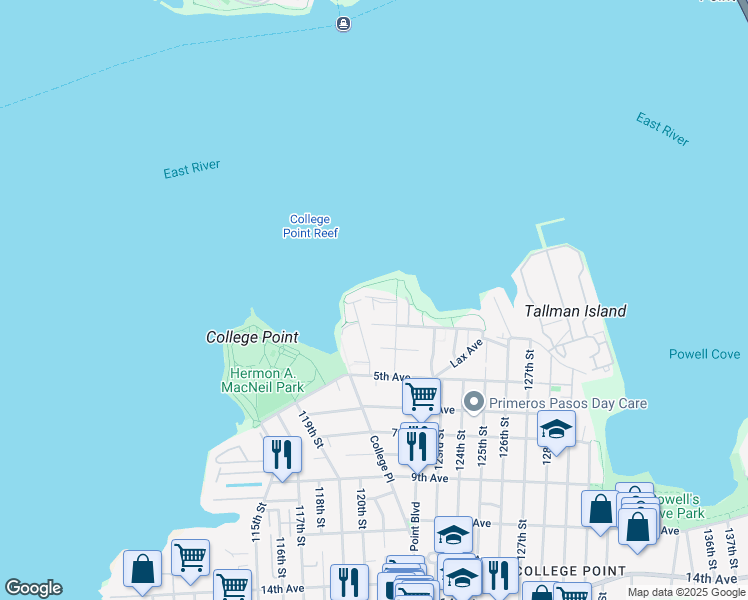 map of restaurants, bars, coffee shops, grocery stores, and more near 120-1 Riviera Court in Queens