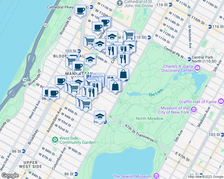 map of restaurants, bars, coffee shops, grocery stores, and more near 22 Manhattan Avenue in New York