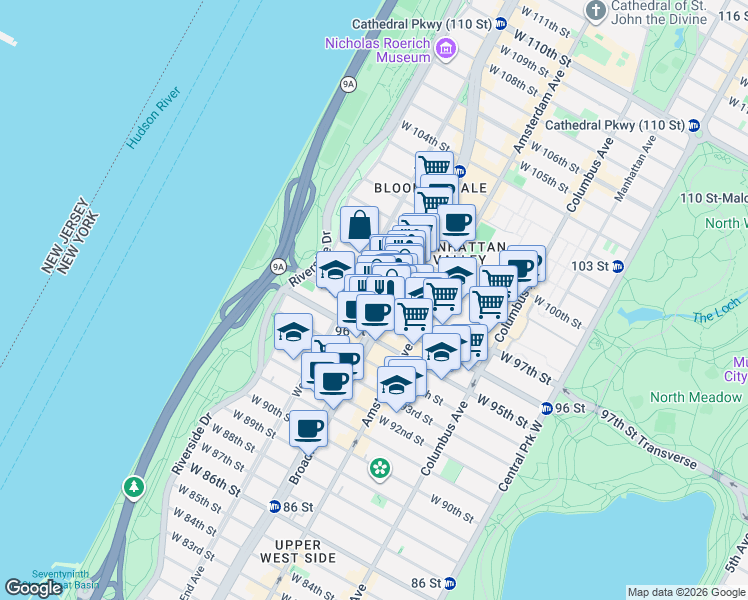 map of restaurants, bars, coffee shops, grocery stores, and more near 2563 Broadway in New York
