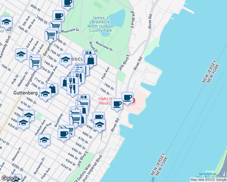map of restaurants, bars, coffee shops, grocery stores, and more near 11 76th Street in North Bergen