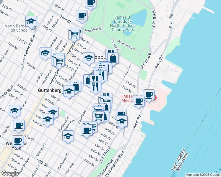 map of restaurants, bars, coffee shops, grocery stores, and more near 124 74th Street in North Bergen