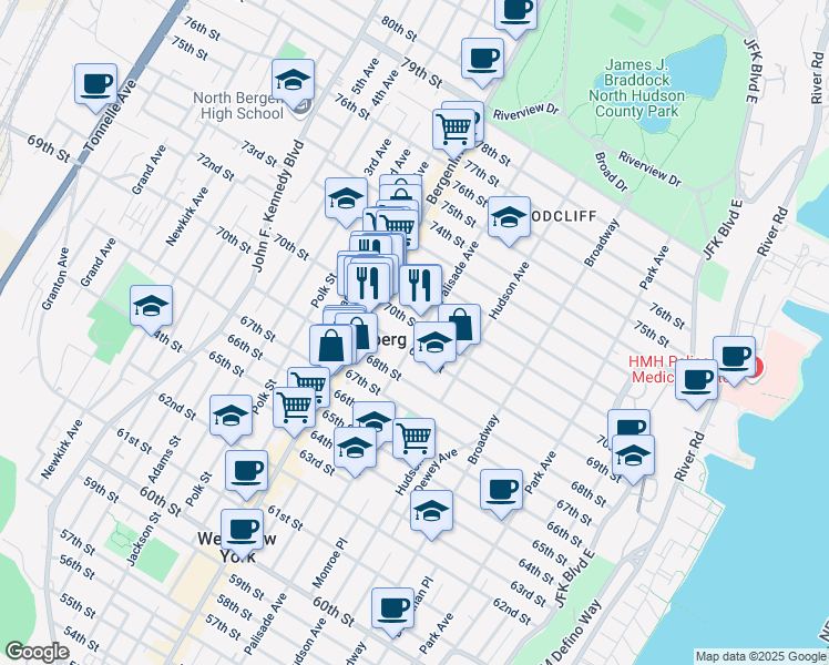 map of restaurants, bars, coffee shops, grocery stores, and more near 419 70th Street in Guttenberg