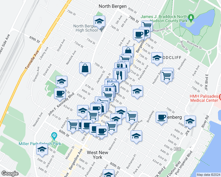 map of restaurants, bars, coffee shops, grocery stores, and more near 528 68th Street in Guttenberg