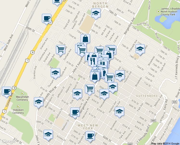 map of restaurants, bars, coffee shops, grocery stores, and more near 6714 Jackson Street in Guttenberg