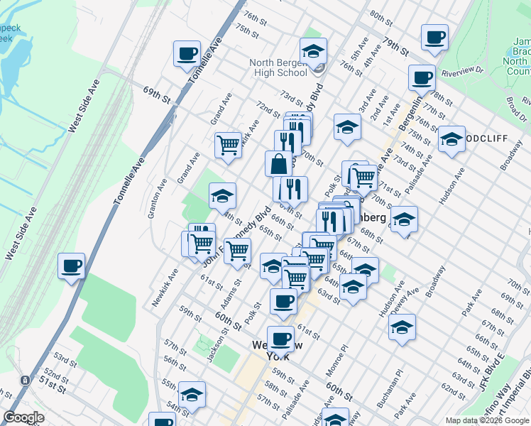 map of restaurants, bars, coffee shops, grocery stores, and more near 6513 Bergenwood Avenue in North Bergen