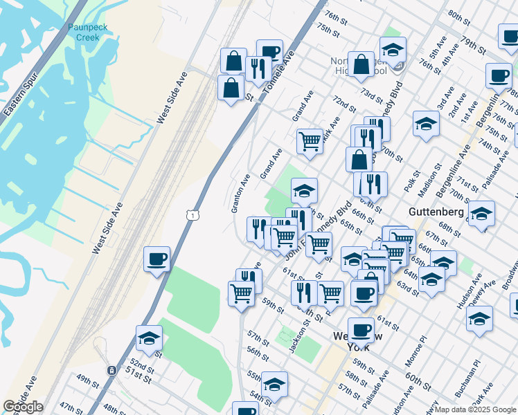 map of restaurants, bars, coffee shops, grocery stores, and more near 6217 Meadowview Avenue in North Bergen