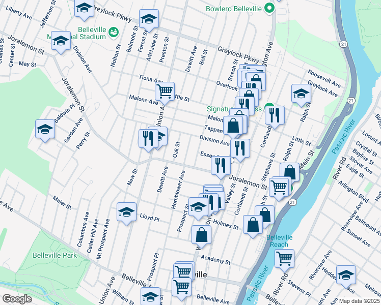 map of restaurants, bars, coffee shops, grocery stores, and more near 31 Linden Avenue in Belleville