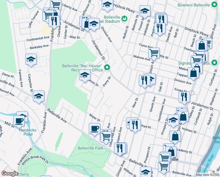 map of restaurants, bars, coffee shops, grocery stores, and more near 32 Perry Street in Belleville