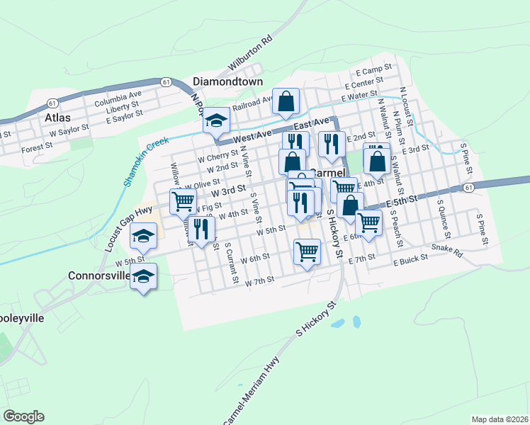 map of restaurants, bars, coffee shops, grocery stores, and more near 121 West 4th Street in Mount Carmel