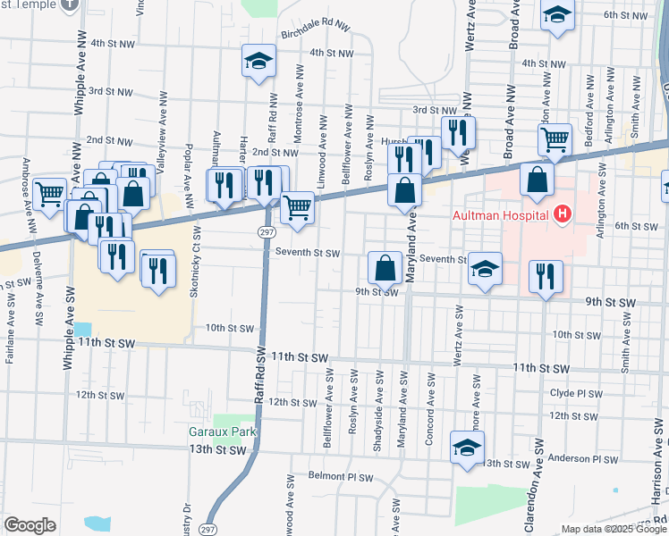 map of restaurants, bars, coffee shops, grocery stores, and more near 3412 Seventh Street Southwest in Canton