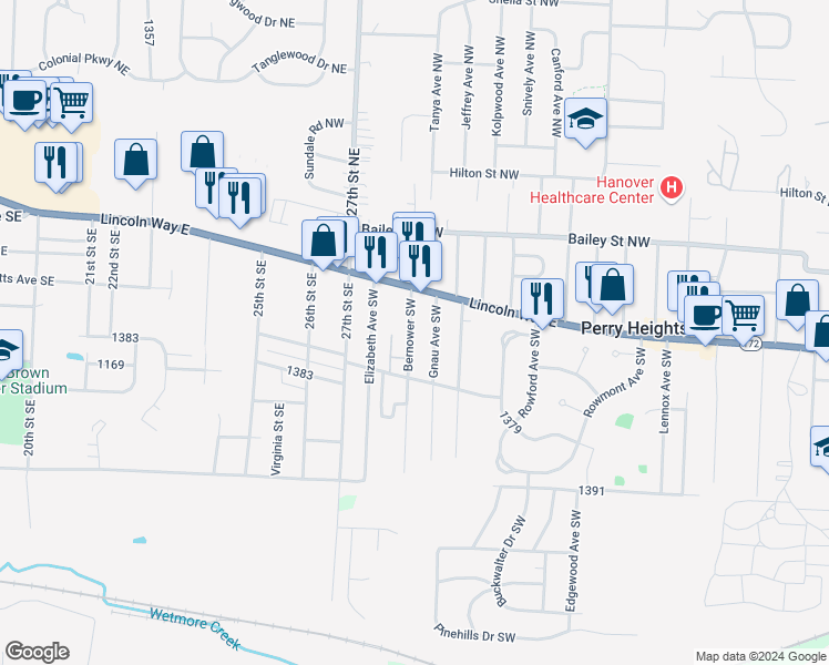 map of restaurants, bars, coffee shops, grocery stores, and more near 2851 Lincoln Way East in Massillon