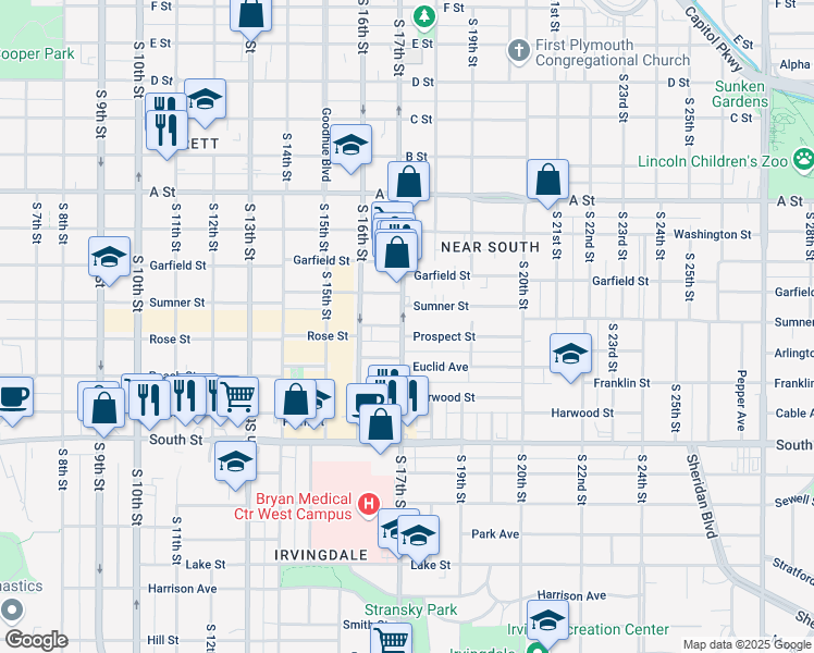 map of restaurants, bars, coffee shops, grocery stores, and more near 1719 Sumner Street in Lincoln