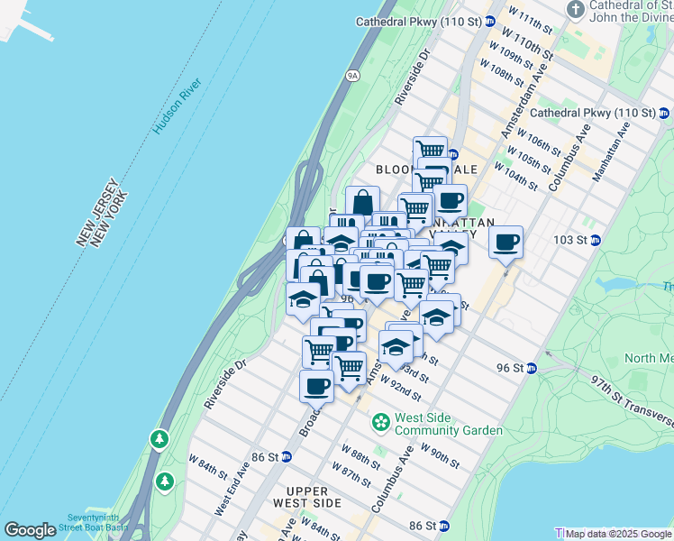 map of restaurants, bars, coffee shops, grocery stores, and more near 735 West End Avenue in New York