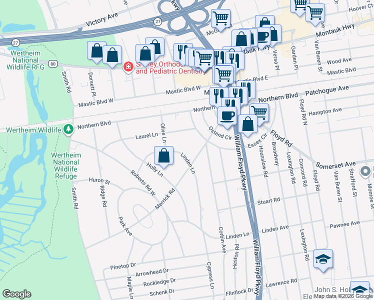map of restaurants, bars, coffee shops, grocery stores, and more near 23 Linden Lane in Shirley
