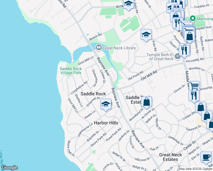 map of restaurants, bars, coffee shops, grocery stores, and more near 160 Bayview Avenue in Great Neck