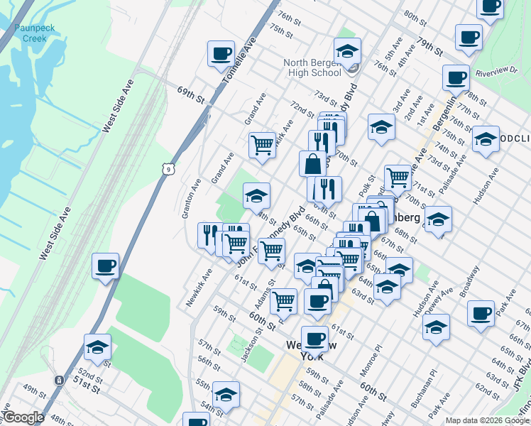 map of restaurants, bars, coffee shops, grocery stores, and more near 6500 Durham Avenue in North Bergen