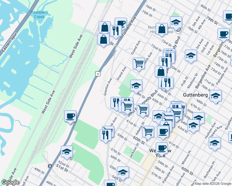 map of restaurants, bars, coffee shops, grocery stores, and more near 6217 Meadowview Avenue in North Bergen