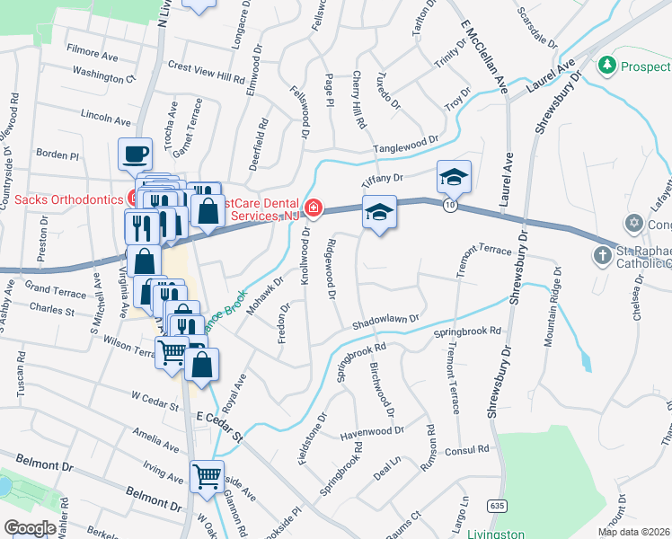 map of restaurants, bars, coffee shops, grocery stores, and more near 16 Ridgewood Drive in Livingston
