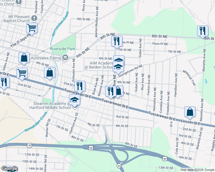 map of restaurants, bars, coffee shops, grocery stores, and more near 2032 Georgetown Road Northeast in Canton
