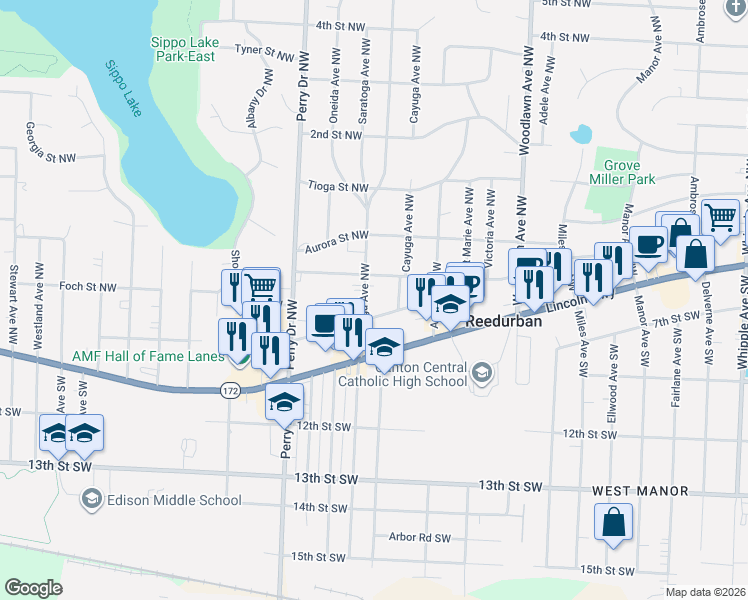 map of restaurants, bars, coffee shops, grocery stores, and more near 130 Saratoga Avenue Northwest in Canton