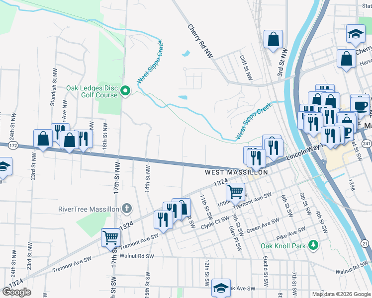 map of restaurants, bars, coffee shops, grocery stores, and more near 400 12th Street Southwest in Massillon