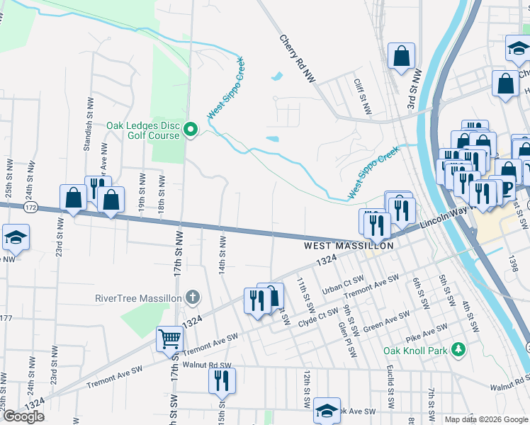 map of restaurants, bars, coffee shops, grocery stores, and more near 400 12th Street Southwest in Massillon