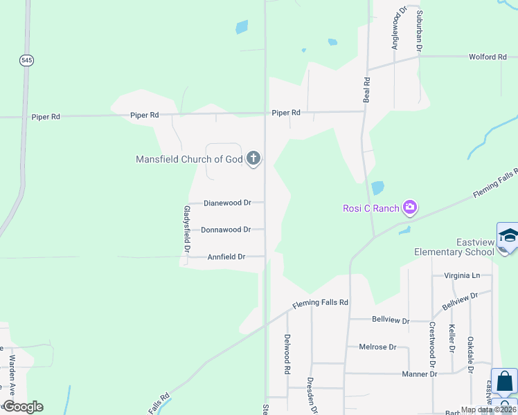 map of restaurants, bars, coffee shops, grocery stores, and more near 1370 North Stewart Road in Mansfield