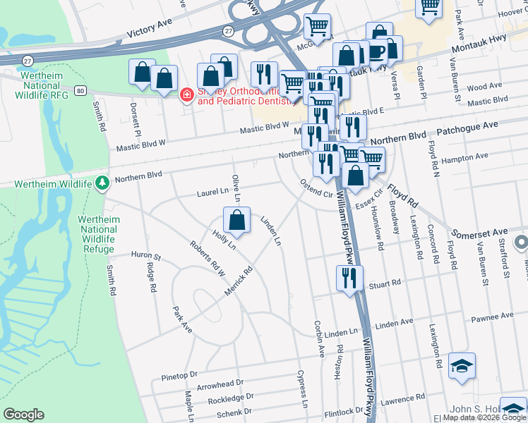 map of restaurants, bars, coffee shops, grocery stores, and more near 23 Linden Lane in Shirley