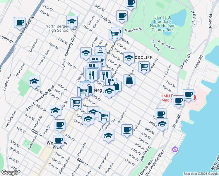 map of restaurants, bars, coffee shops, grocery stores, and more near 7012 Palisade Avenue in Guttenberg
