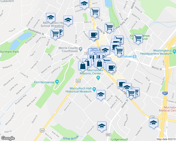 map of restaurants, bars, coffee shops, grocery stores, and more near 1 1/2 Maple Avenue in Morristown