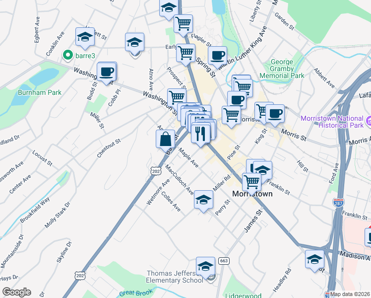 map of restaurants, bars, coffee shops, grocery stores, and more near 41 Market Street in Morristown