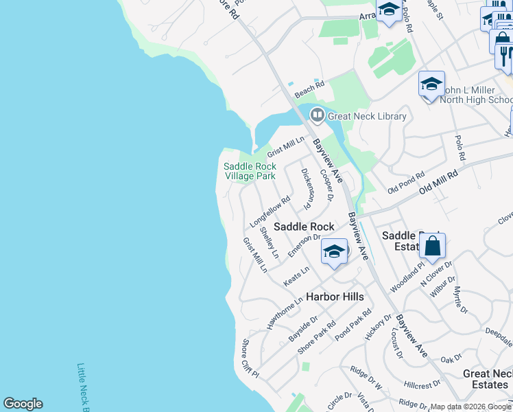 map of restaurants, bars, coffee shops, grocery stores, and more near 145 Grist Mill Lane in Great Neck