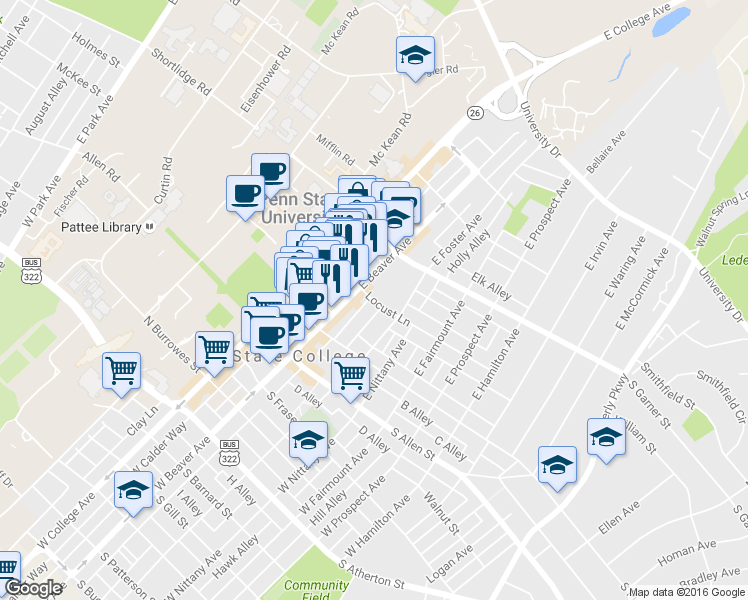 map of restaurants, bars, coffee shops, grocery stores, and more near 229 Locust Lane in State College