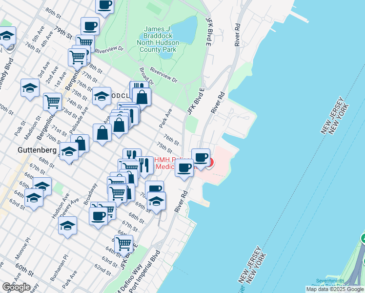 map of restaurants, bars, coffee shops, grocery stores, and more near 7600 Boulevard East in North Bergen
