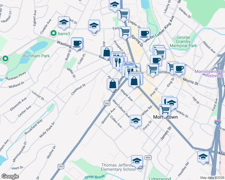 map of restaurants, bars, coffee shops, grocery stores, and more near 63 Bank Street in Morristown