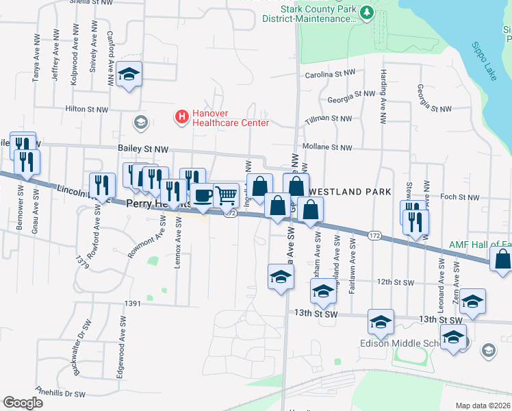 map of restaurants, bars, coffee shops, grocery stores, and more near 3512 Lincoln Way East in Massillon