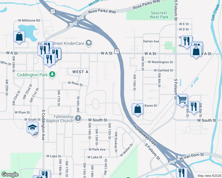 map of restaurants, bars, coffee shops, grocery stores, and more near 1805 Southwest 11th Street in Lincoln
