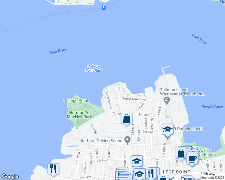 map of restaurants, bars, coffee shops, grocery stores, and more near 120-1 Riviera Court in Queens