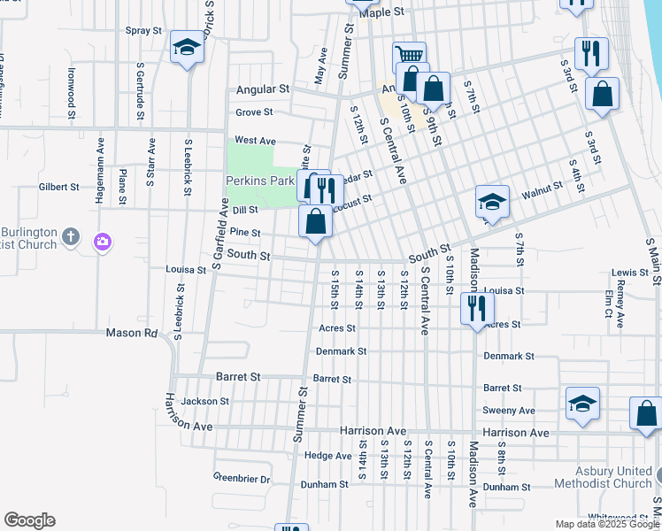 map of restaurants, bars, coffee shops, grocery stores, and more near 1501 South Street in Burlington