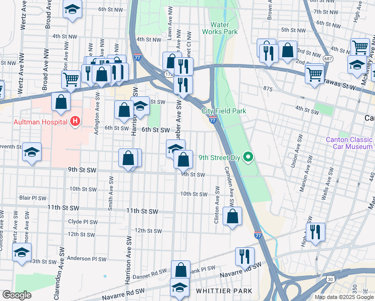 map of restaurants, bars, coffee shops, grocery stores, and more near 635 Garfield Avenue Southwest in Canton