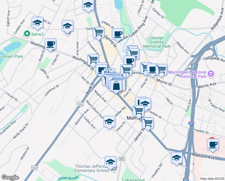 map of restaurants, bars, coffee shops, grocery stores, and more near 35 South Street in Morristown