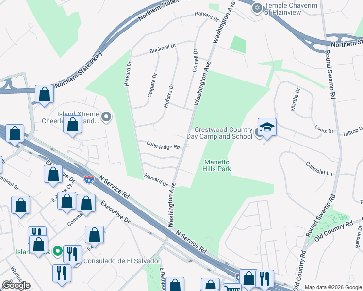 map of restaurants, bars, coffee shops, grocery stores, and more near 6 Long Ridge Road in Plainview