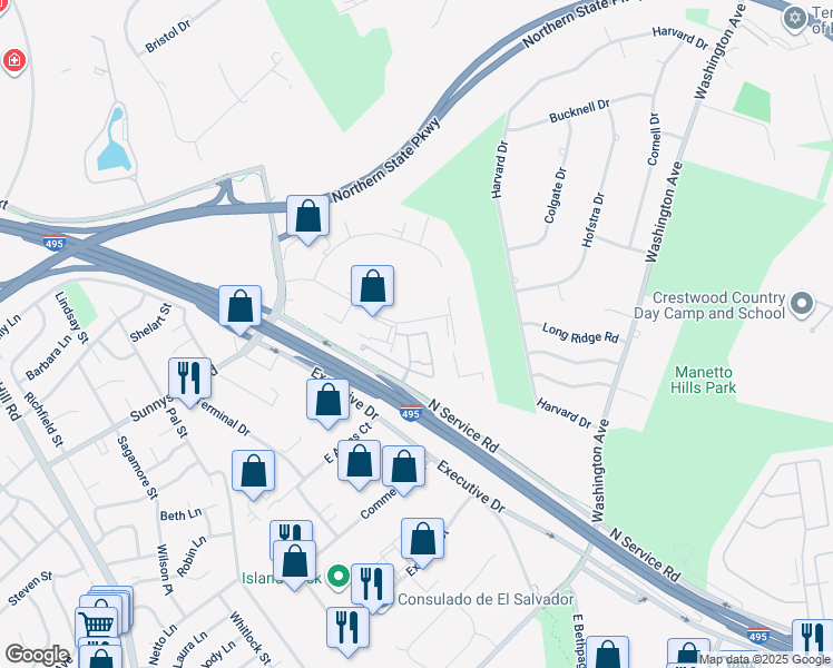 map of restaurants, bars, coffee shops, grocery stores, and more near 105 Autumn Drive in Plainview